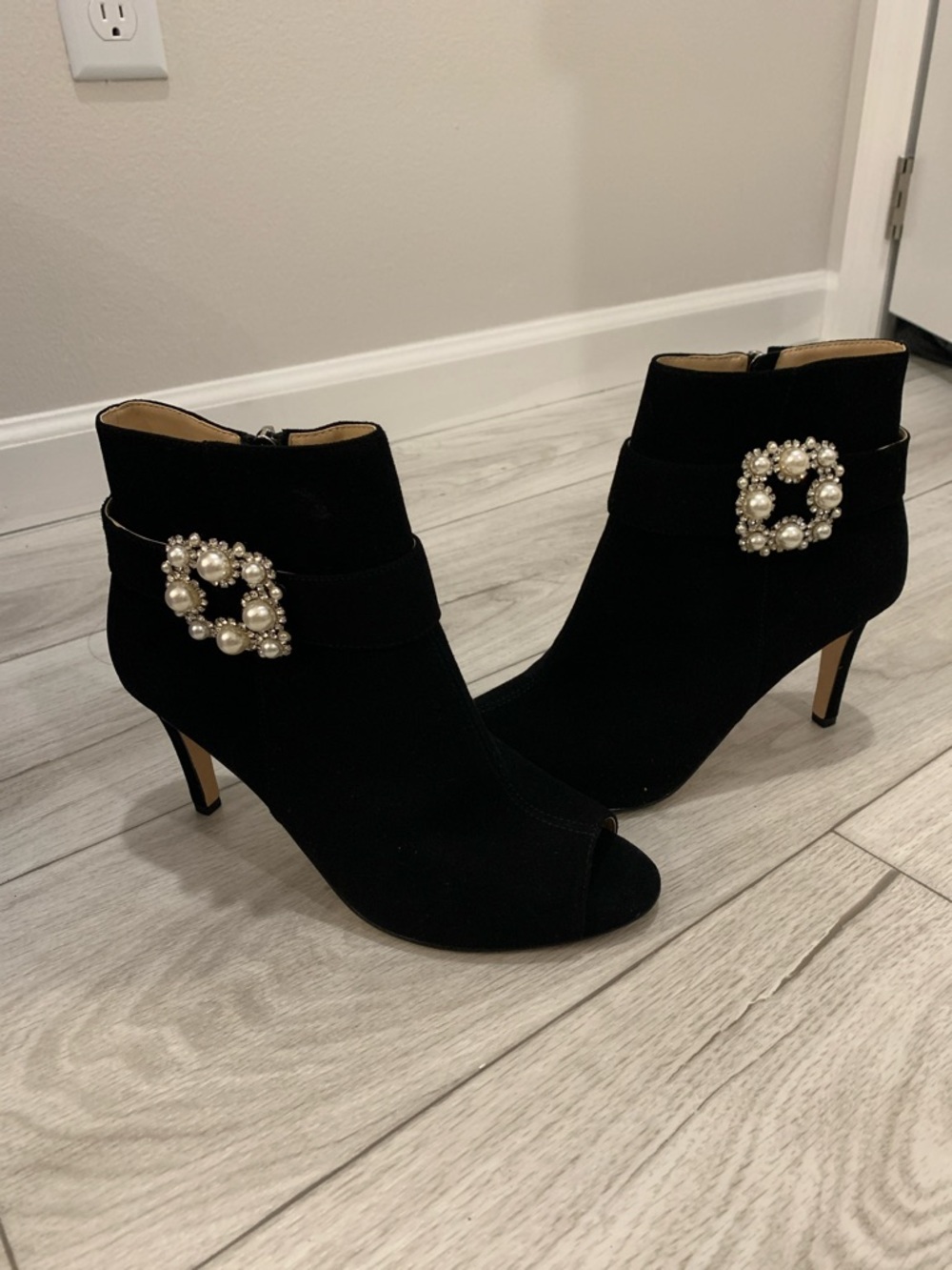 Neiman Marcus Black Pearl-Buckle Peep-Toe Ankle Boots